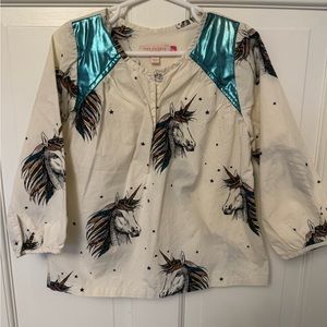 Pink Chicken Blue and White Feather Print Blouse